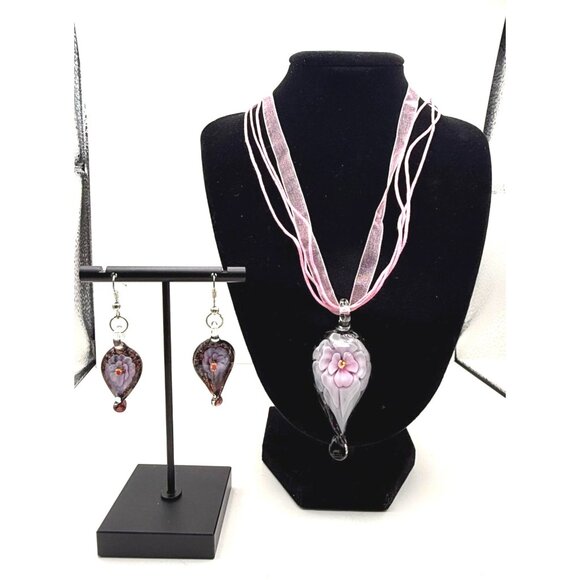 Murano Style Glass Flower Necklace & Earrings Set – Pink Ribbon Cord – Fashion J - Picture 1 of 16